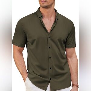 NWT Coofandy Olive Green Short Sleeve Shirt Sz L Men